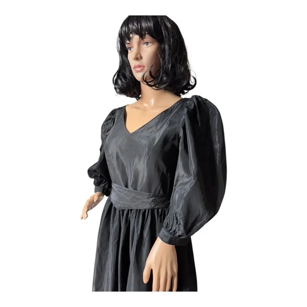 1980s Laura Ashley Black Puff Sleeve Midi Dress Ireland Small